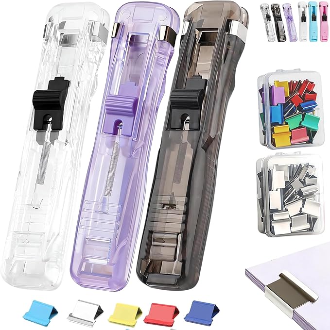 Portable Binder Clip Stapler - Includes 100 Reusable Clips, No Staples, No Holes,Push Clip Paper Clam Dispenser, Reusable Desktop Stapler for Document Home School (3-A)