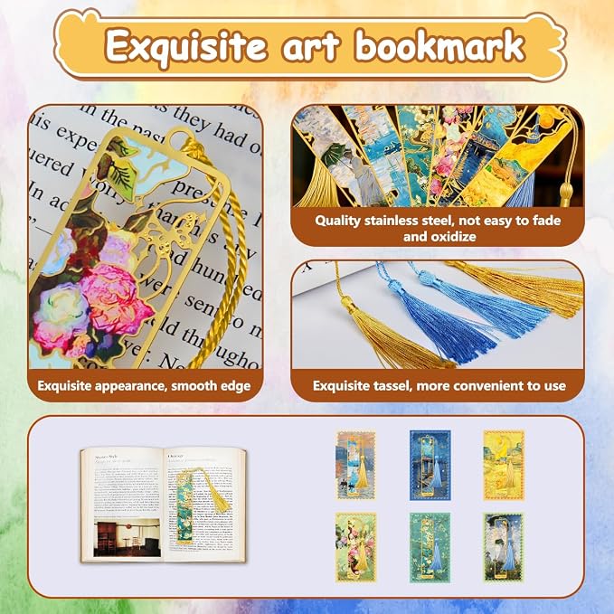 Kinsound Metal Bookmarks with Tassel, Golden Van Gogh Monet Oil Painting Theme Cute Hollow Book Markers for Reading Women, Teachers, Students, Reading Accessories Gifts for Book Lovers (Style B(6PCS))