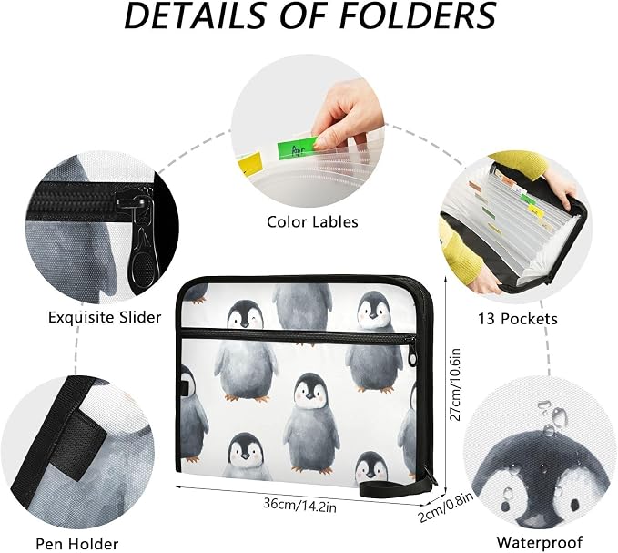 Expanding File Folder Black Penguin Accordion File Organizer 13 Pockets Document Organizer with Zipper Labels A4 Letter Office Storage