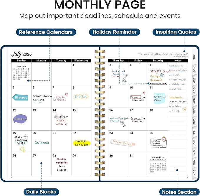 Planner 2026-2027 for Women & Men, Academic Monthly and Weekly Calendar Planner, Jul 2026 - Jun 2027, A5 (6.3" x 8.5"), Teacher Student Planning Book with Tabs, Ideal for Office School Supplies - Navy Blue