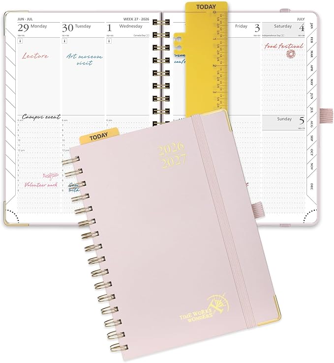 POPRUN 2026-2027 Academic Year Weekly and Monthly Planner Calendar,Jul 2026 - Jun 2027，6.25" x 8.5",Daily Agenda Book & Appointment Book with Hourly Schedule, Tabs, Hardcover, School and Office Supplies - Light Pink