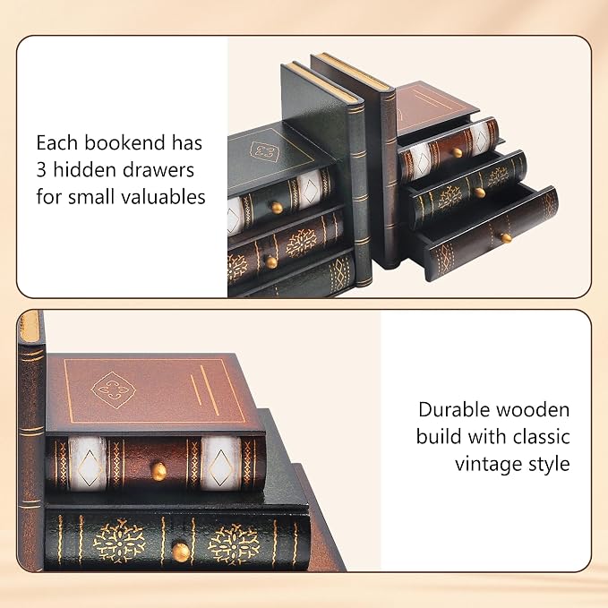 Vintage Wooden Bookends with Drawers – Decorative False Book Shelf Organizer for Home, Office, or Library (311)