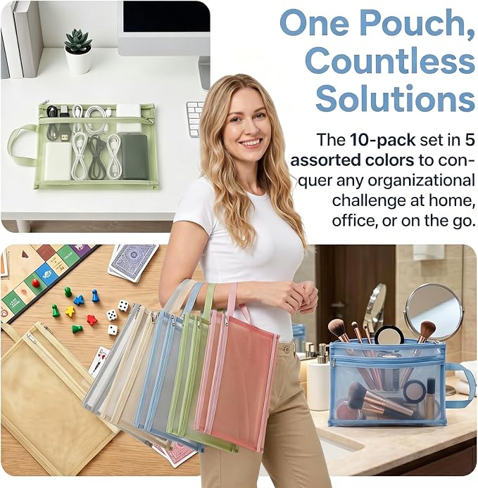 Goaste 10 Pack Mesh Zipper Pouch Bags, Double-Layer Nylon Mesh Bags with Handle, Portable Puzzle Building Block Sets Toy Storage Bags, Colored A4 Document Storage Organizer for School Office Games