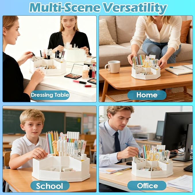 360 Degree Rotating Desk Organizer Caddy with 9 Compartments, Large Capacity Detachable Pencil Holder for Desk, Multifunctional Desktop Storage for Office, School, Home, Dressing Table, Blue