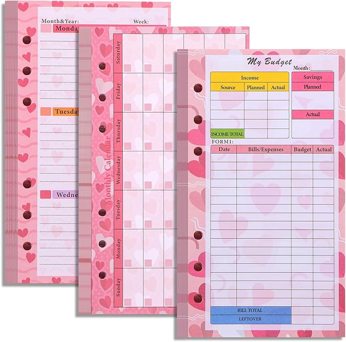 Toplive 3 Pack A6 Planner Refill Paper & Budget Sheets, Monthly Weekly Planner Losse Leaf Inserts 6 Hole Expense Tracker or A6 Planner Binder Cover Budget Bill Saving Organizer, Pink 3 Pack