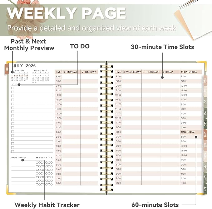 2026-2027 Academic Planner, Weekly & Monthly Appointment Book from Jul. 2026 - Jun. 2027, Work & Life Daily Hourly Planner with Time Slots,A5 Agenda Organizer for School Office,Pastel Green,8.4"x 6.1"