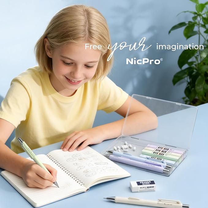 Nicpro 4 PCS Pastel Mechanical Pencil 0.7mm, Cute Fast Click Mechanical Pencils Set with 8 Tubes HB Lead Refills, Erasers, Eraser Refills for School, Student Writing, Drawing, Sketching - with Case