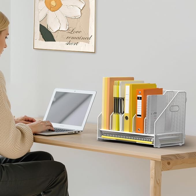 Docnest Desk File Holder Sorter, 5 Vertical Compartments Rack with Letter Tray, Mesh Magazine File Holder with Handle,Workspace Organizers,Desk Organizers for Paper, Mail, Documents-White