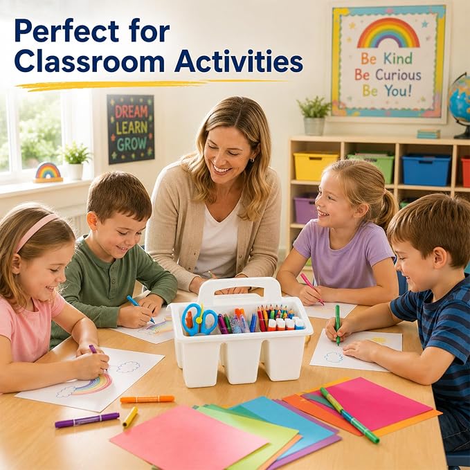 8 Pack Classroom Caddy Storage Basket with Handle 4 Compartment Storage Caddy Plastic Arts Crafts Caddies Protable Classroom Craft Caddies for Kids Schools Art Craft Supplies(White)