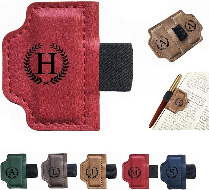 MOTEERLLU Custom Bygonemark Personalized Magnetic Leather Pen Holder Bookmark with Initial for Reading Women, Men, Teacher, Book Lovers Gifts & Accessories(Red,H)