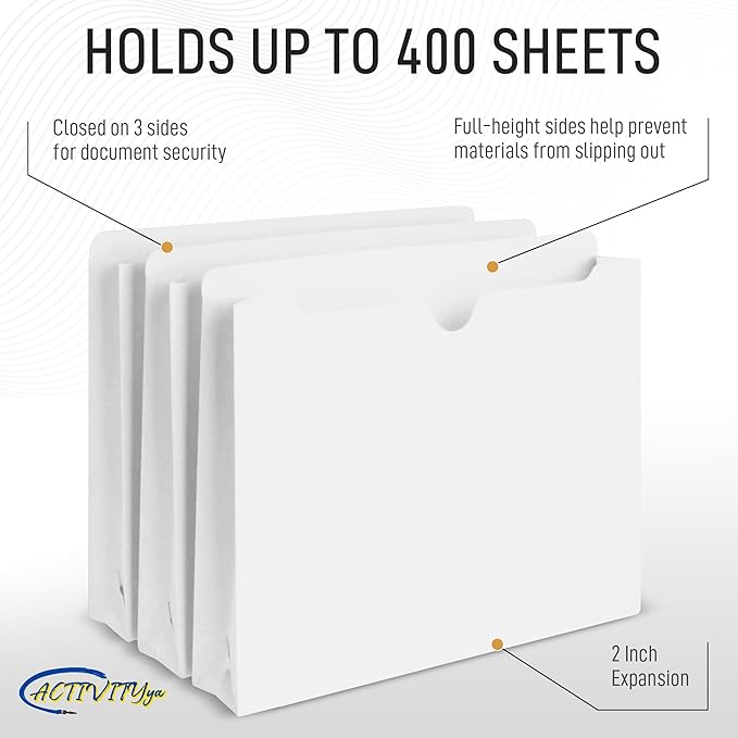 White File Jackets, 2 Inch Expansion, Letter Size, Reinforced Straight-Cut Tab, 6 Pack
