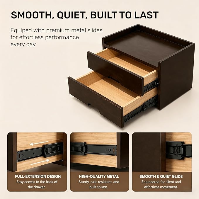 Solid Wood Desk Organizer with Drawers, Wooden Desk Storage Organizer with Smooth Slides, Filing A4 Paper File Organizer for Home Office, Bedroom & Makeup, Fully Assembled, Walnut Finish