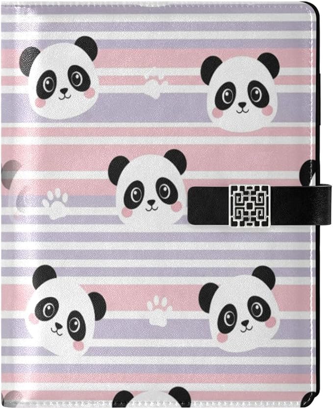 Panda Faces Stripes Pink Purple PU Leather Notebook A5 Binder 6 Ring Refillable Journal with Magnetic Buckle Closure Loose Leaf Travel Office Planner Budget Binder Notepad Portfolio