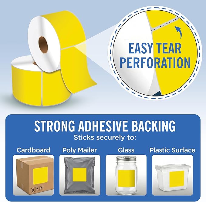 4" X 6" Direct Thermal Shipping Labels | Yellow | 1" Cores w/Perfs Easy Tear | Made in USA | Printing Label | 250 Labels | 250 Labels per Roll | 1 Rolls | Blank Labels