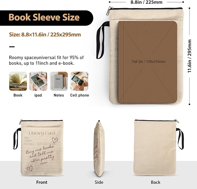 Vintage Library Card Pattern Book Sleeve for Women Book Lovers, Bookcover Protector for Paperbacks with Handle & Pocket for Friends Librarian Bookish Book Club, Buy Me Books and Tell Me I'm Pretty