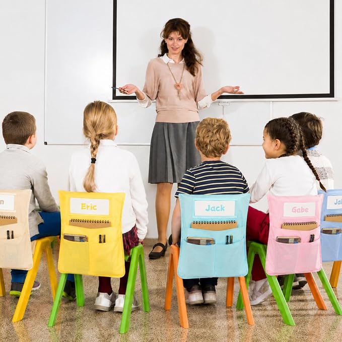 36pcs for Classroom 16.3x19.7inch Classroom Chair Pockets with Name Tag 3 Pockets Chair Organizer for Teacher Student School Office(Pink Purple)