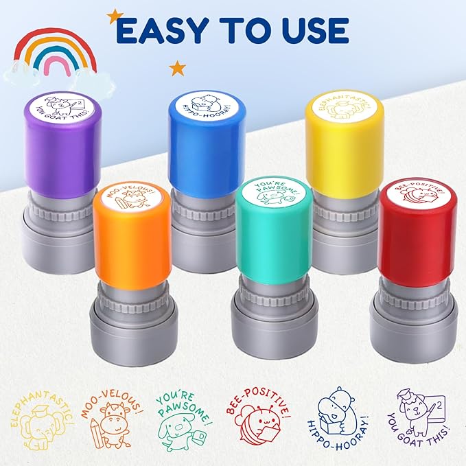 6-Piece Set of Teacher Stamps - Encouraging Animal Grading for Classroom Teacher Stamps for Grading Teacher Stamp Self Inking Stamp Behavior Stamps (Regular)