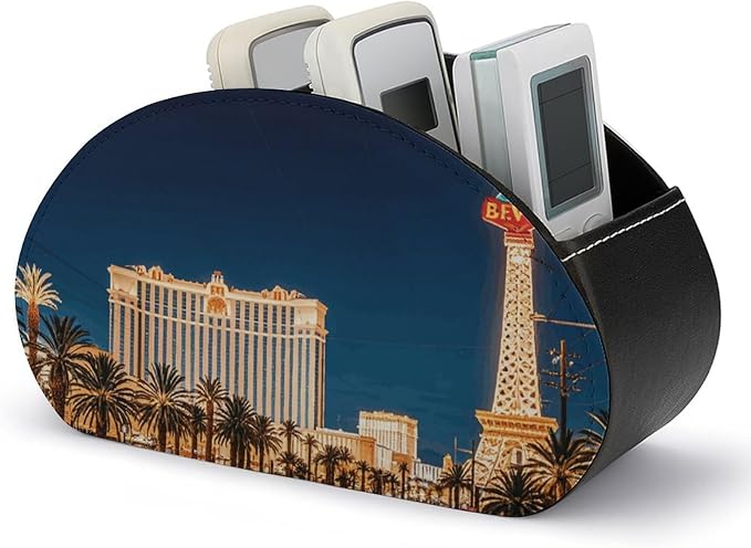 Las Vegas Night Remote Control Holder TV Remote Caddy with 5 Compartments PU Leather Storage Box Stylish Desk Organizer for TV/DVD/Accessories Desk Office Supplies Home