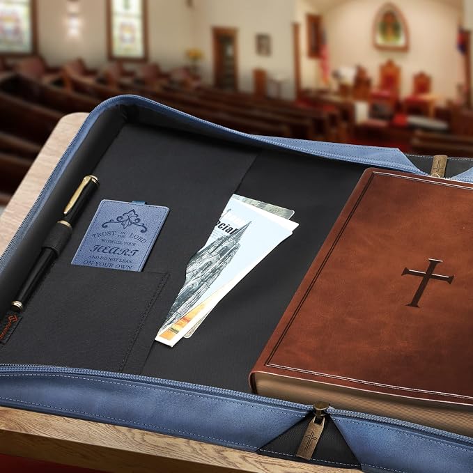 FINPAC Large Classic Bible Cover Vegan Leather Carrying Book Case Church Bag Bible Protective with Handle, Gift for Men, Women, Father, Mother, Friends, Blue