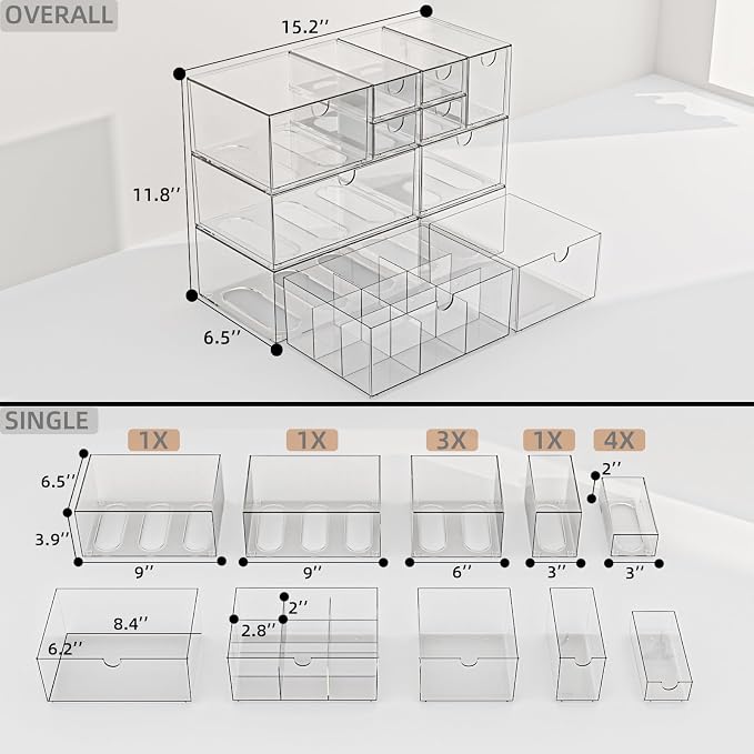 Desk Organizer Set, Clear Stackable Dustproof Storage Boxes for Desktop, Office, DIY Craft & Vertical Space Saving, Perfect for Makeup, Stationery, Jewelry Organization (10 Drawer)