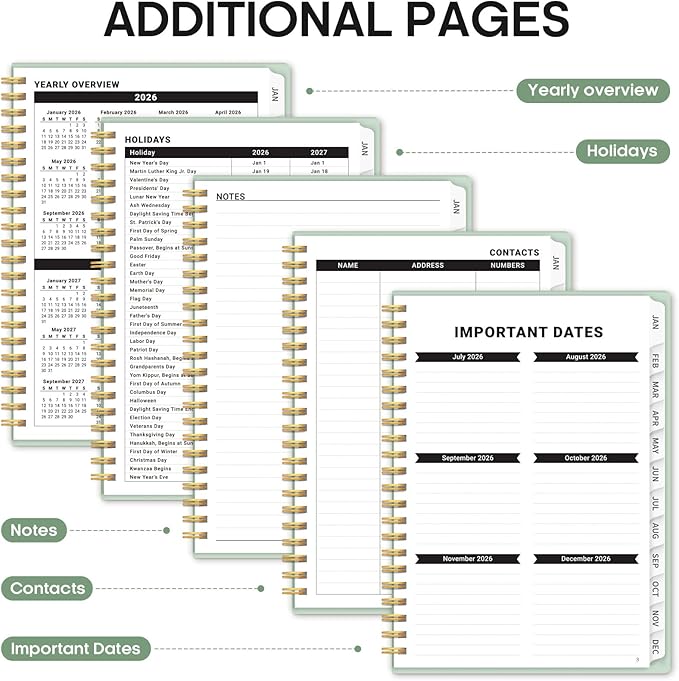 2026 Planner, Weekly and Monthly Calender Planner, Jan 2026 to Dec 2026, Hardcover 2026 Calendar Book with Tabs & Inner Pocket, Office Home School Supplies for Women & Men - A4 (8.5" x 11"), Mint