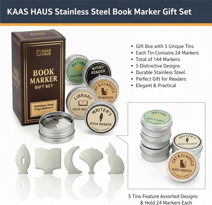 Metal Page Markers Set, 120 Stainless Steel Bookmark Clips in 5 Literary Shapes, Reusable Reading Gifts for Book Lovers, Teachers & Readers