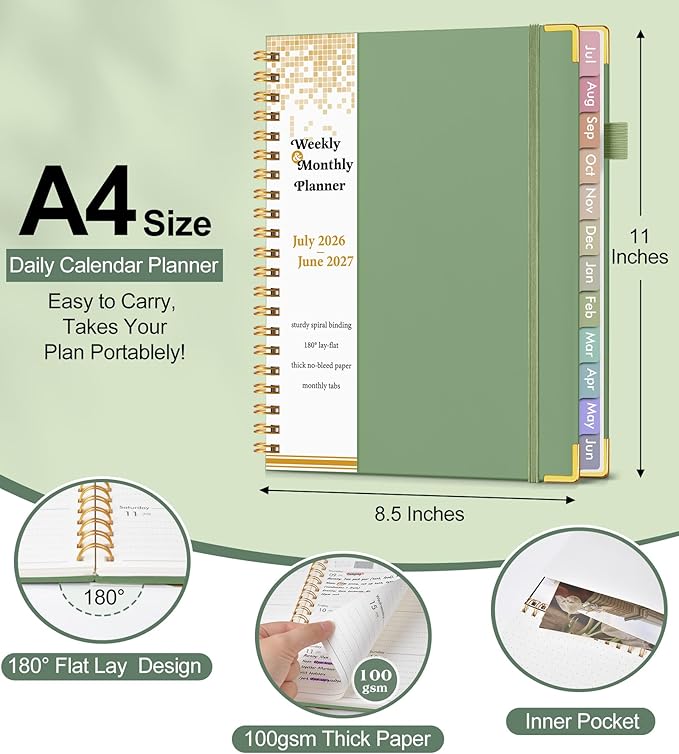 Academic Planner 2026-2027, Hardcover Weekly and Monthly Calendar Planner from July 2026 - June 2027, Daily Agenda Planners with Tabs, College School Organizer for Student Teacher, A4 (8.5" x 11"), Green