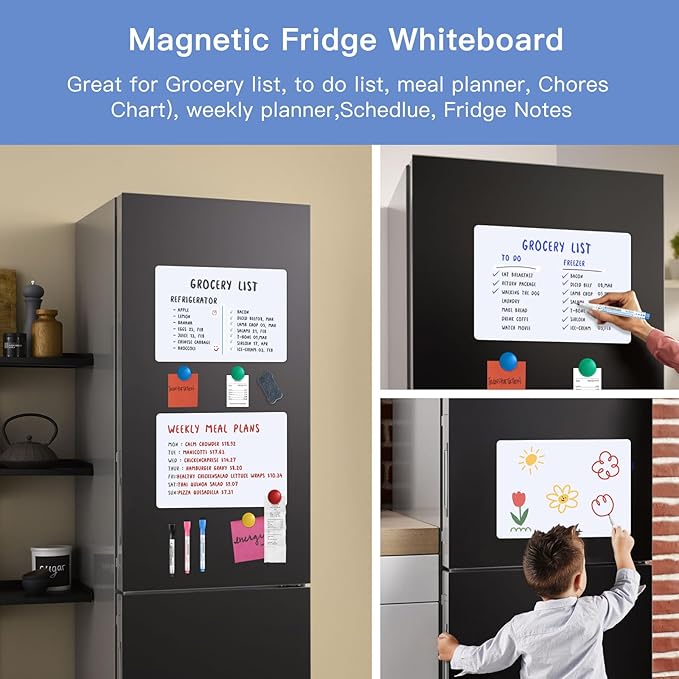 Magnetic Fridge Whiteboard Set: Dry Erase White Board (12X8"), Magnets ( Bonus), Markers & Erasers