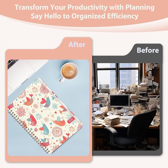2026 Planner, Weekly and Monthly Calendar Planner, Academic Daily Agenda (Jan 2026 - Dec 2026), Hardcover Planning Notebook for Office Accessories and School Supplies, Chirpy Birds