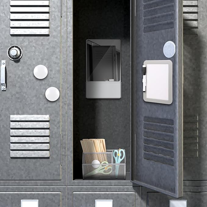 Fuyoooo Magnetic Locker Accessories Back to School Essentials Include Magnetic Mirror with Holder Magnet Mesh Pen Holder Small Whiteboard and Magnet for Office School Locker Organizer(Classic,Gray)