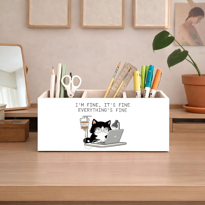 I’m Fine It’s Fine Everything’s Fine Cat Desk Organizer, 3-Compartment Wooden Pencil Holder for Pens, Pencils, Scissors & Ruler, Funny Cat Quote Storage Box for Kids, Home & Office