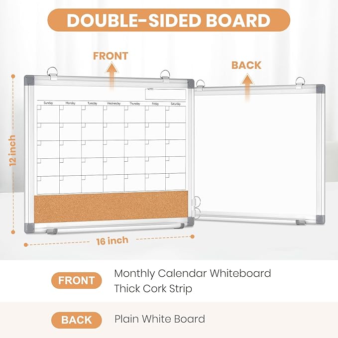 Small Monthly Dry Erase Calendar Whiteboard for Wall, 16" x 12" Double-Sided Magnetic Cute Calendar Dry Erase Board, Portable Hang Framed White Board Corkboard for Cubicle, Office, Home, College Dorm