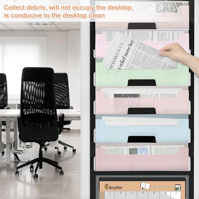 Wall File Organizer 6 Pocket, Hanging Wall File Organiser for Classrooms and Offices, 6 Removable File Folders Classrom Organization and Storage Black