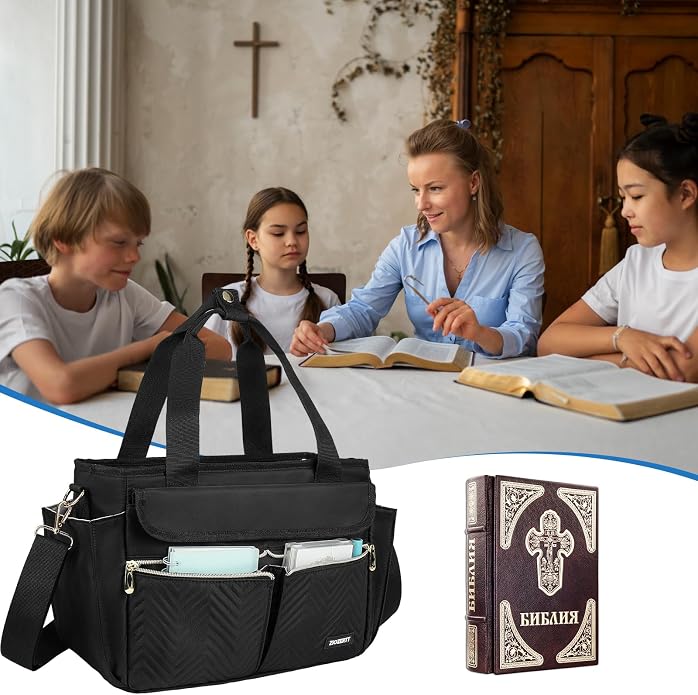 Bible Bag for Women with Shoulder Strap,Bible Carrying Case,Church Bag with Multiple Pockets for Bible Study Accessories