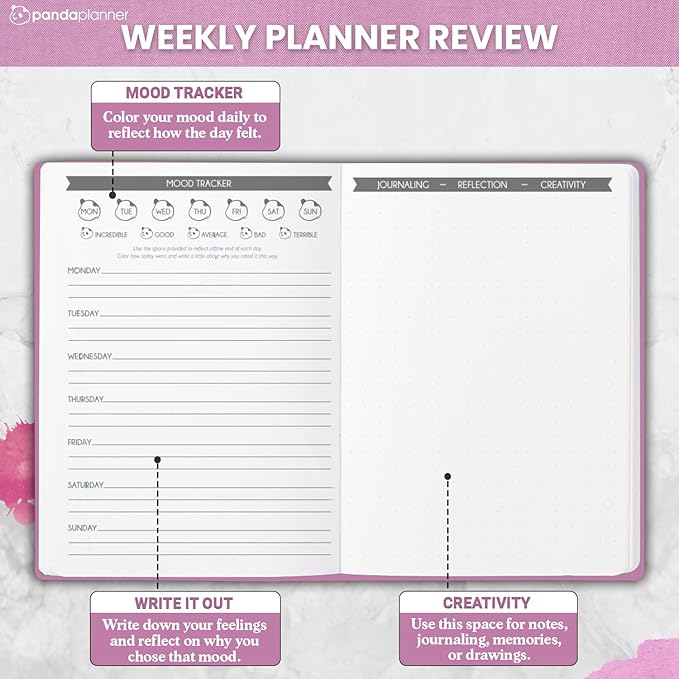 Panda Planner Mental Health Journal – 8.5” x 11" Soft Fabric Hardcover Wellness Planner with Mood Tracker & Daily Reflection Prompts – Undated 12-Month Self-Care Organizer with 3 Bookmarks (Pink)