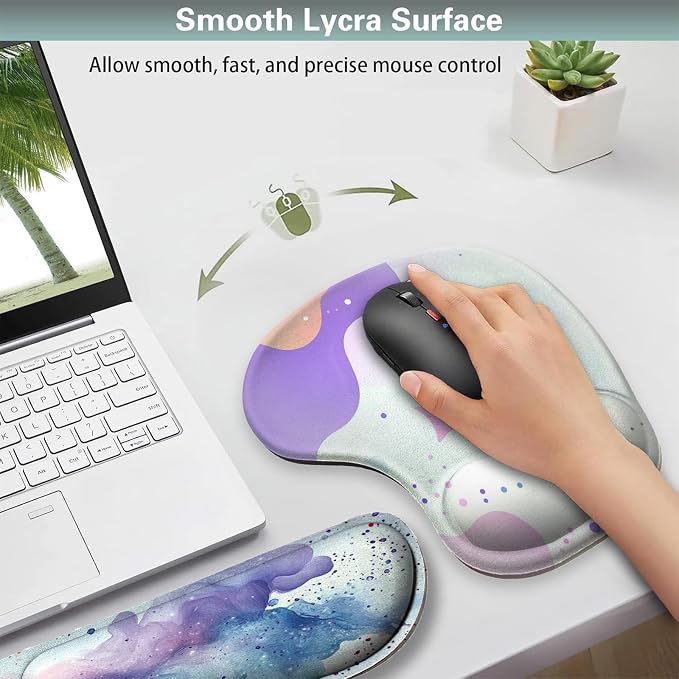 AQQA Colorful Star Large Mouse Pad Set, Pink Desk Mat for Desktop, Women Girls Purple Waterproof Desk Pad,Mouse Wrist Rest+Coaster Ergonomic Design for Home Office Computer 31.5x15.7Inches