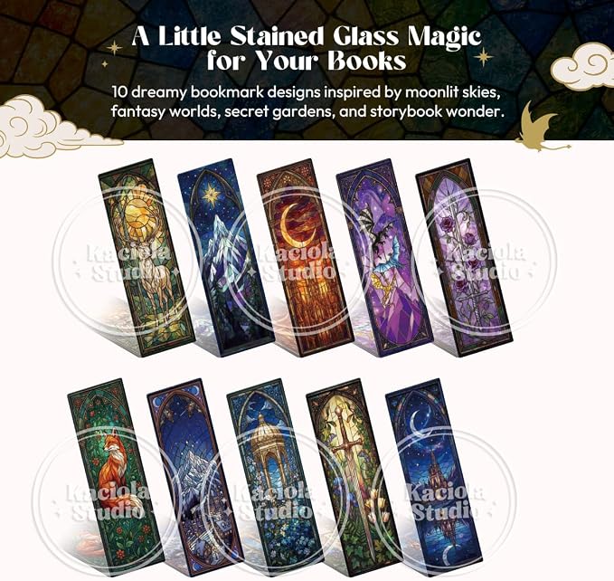 Kaciola 10PCS Stained Glass Bookmarks, Fantasy Transparent Book Marks for Reading, Book Lovers Bookish Items Gift, Cool Bookmarks Accessories for Women Men Book Lovers Booktok (Fantasy)