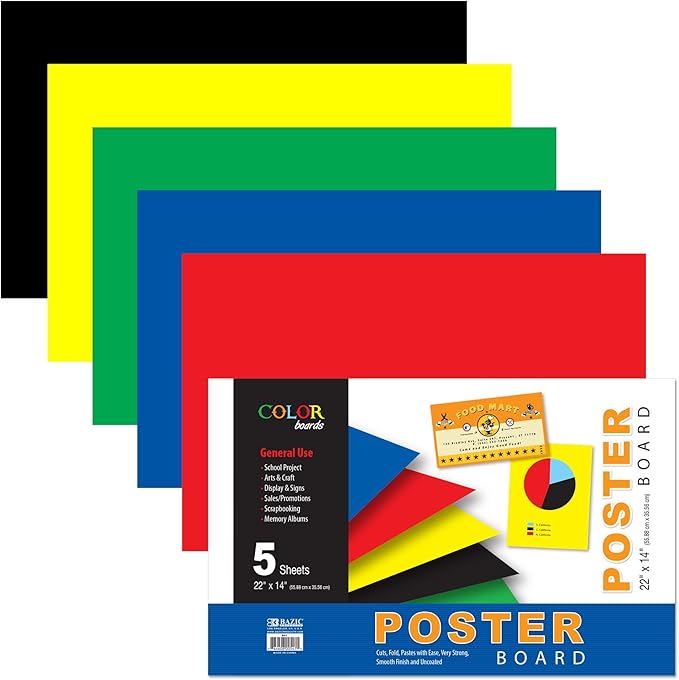 BAZIC Products Poster Board Assorted Color 22" X 14", Colored Poster Board Paper, for School Craft Project Presentation Drawing Graphic, 240-Count
