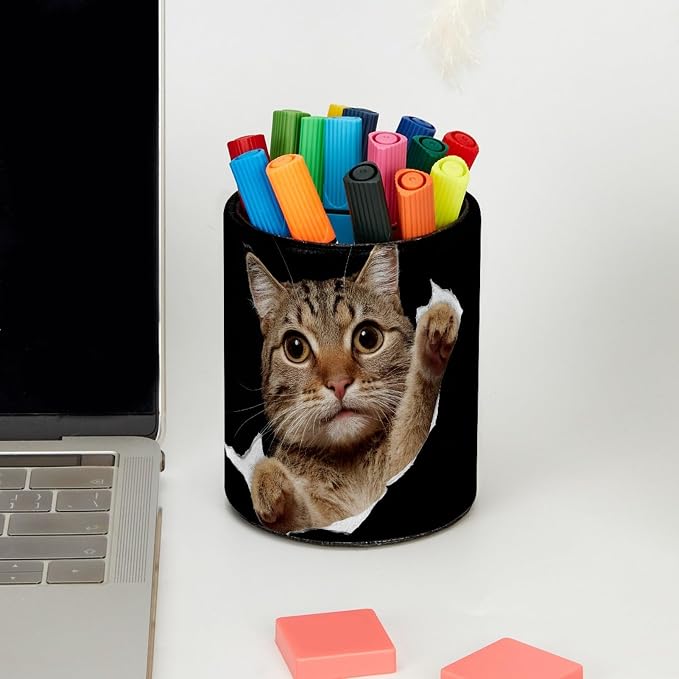 Leather Pen Holder for Desk, Cat Makeup Brushes Holder Pencil Cup Multifunctional Desktop Organizer Caddy for Home School Office Desk Accessories