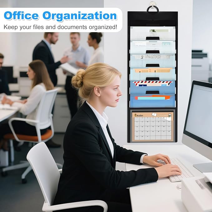 Wall File Organizer 6 Pocket, Hanging Wall File Organiser for Classrooms and Offices, 6 Removable Poly Hanging File Folders Black/Blue