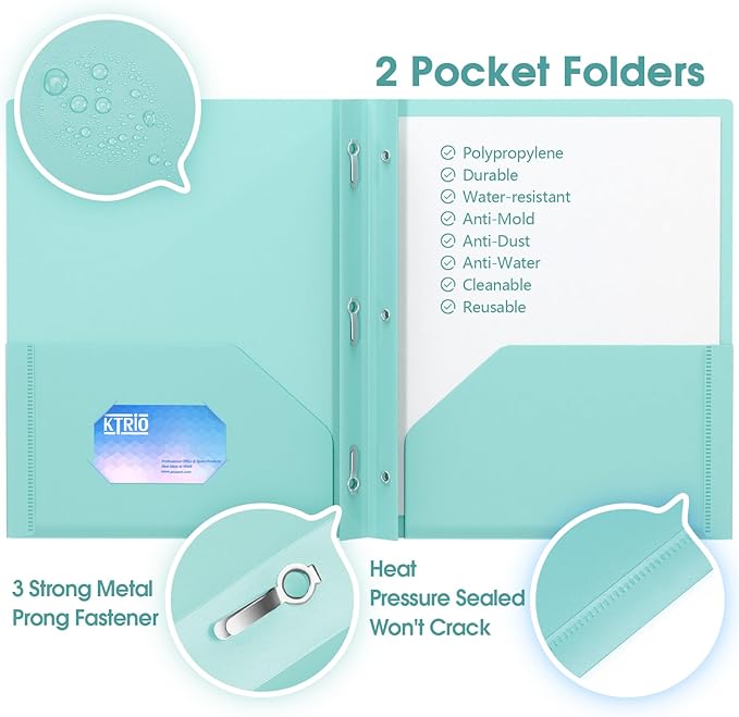 KTRIO 10 Pack Plastic Pocket Folders, 3 Prong, Letter Size, 5 Pastel Colors | 3 Prong Fasteners, 2 Pocket Storage, Business Card Slot, Water-Resistant PP, School Office Use