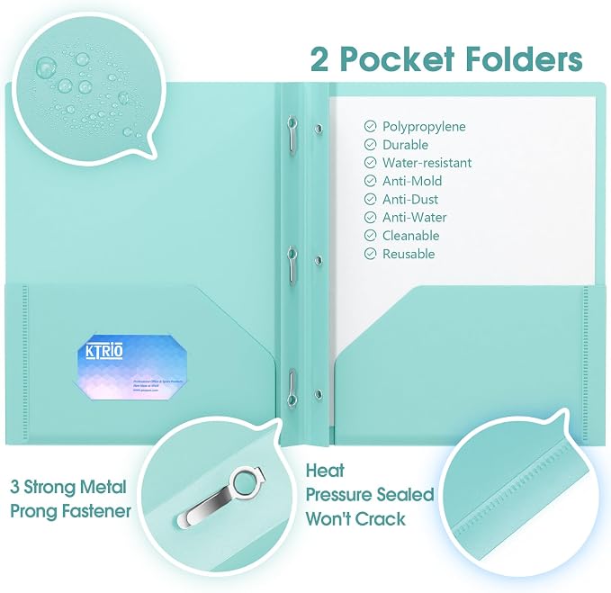 KTRIO 5 Pack Plastic Pocket Folders, 3 Prong, Letter Size, 5 Pastel Colors | 3 Prong Fasteners, 2 Pocket Storage, Business Card Slot, Water-Resistant PP, School Office Use