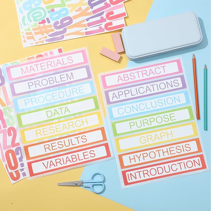 Henoyso 116 Sheets Science Fair Board Supplies 20 Printable Presentation Science Subtitles 80 Scalloped Bulletin Borders 8 Letter Sticker 8 Project Title for School Office (Board No Included)