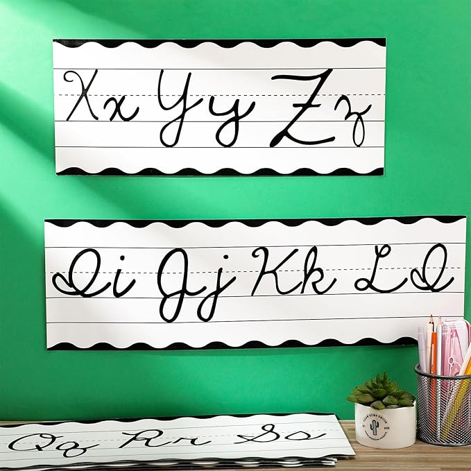 Set of 9 Cursive Writing Bulletin Board Cursive Alphabet Wall Strip for Teacher Supplies, Classroom Teaching Tool, Homeschooling, Kids Education (Classic Black)