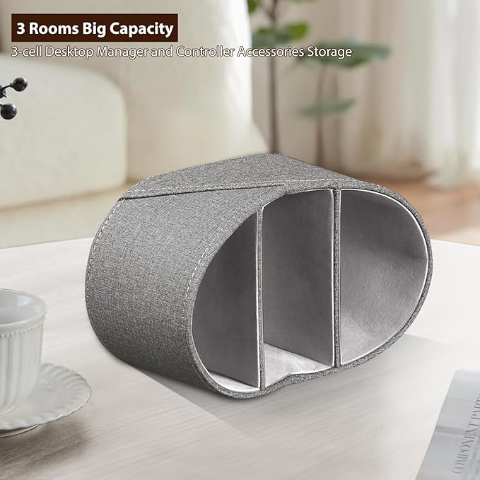 PU Leather TV Remote Control Holder with 3 Compartments, Bedside Table Remotes Caddy, Office Desk Accessories and Workspace Organizers, Storage Box to Store Pen, Controllers, Media Player, Cosmetics