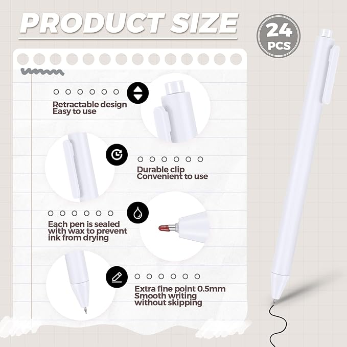 Cholemy 24 Pack Retractable Pens Bulk Pastel Gel Ink Pens 0.5mm Fine Point Tip Black Ink with Grip Smooth Writing for Journaling Note Taking School Supplies(White)