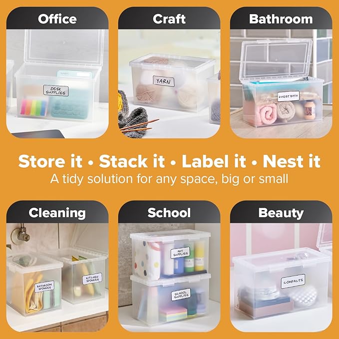 Bostitch Konnect Storage Containers with Lids, Office Organizer, Clear Plastic Box, Desk and Home Organizer, Labels, 4 Qt, 2 Pack