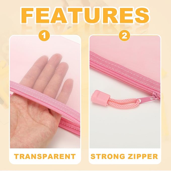 PATIKIL A4 Mesh Zipper Pouch Bags, 5 PCS Mesh Bags with Zipper Plastic Storage Pocket for Organizing File Beads Office Home Supplies, 34x24cm, Pink