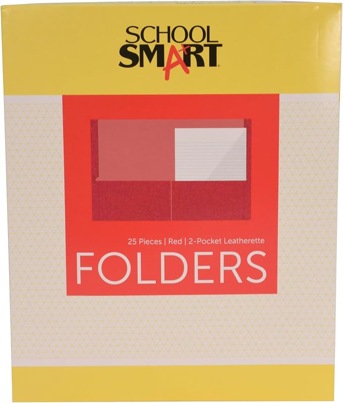 School Smart Extra-Large Folders with Pockets, 9 x 12 Inches, Red, Pack of 25