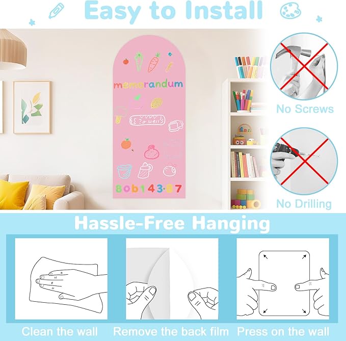 Magnetic Wall Decal for Kids Pink 39.3x17.5 Inch Arch Magnetic Chalkboard for Wall Magnetic Board for Playroom Peel and Stick Self Adhesive Blackboard with Color Liquid Chalks Magnet Wall Decal